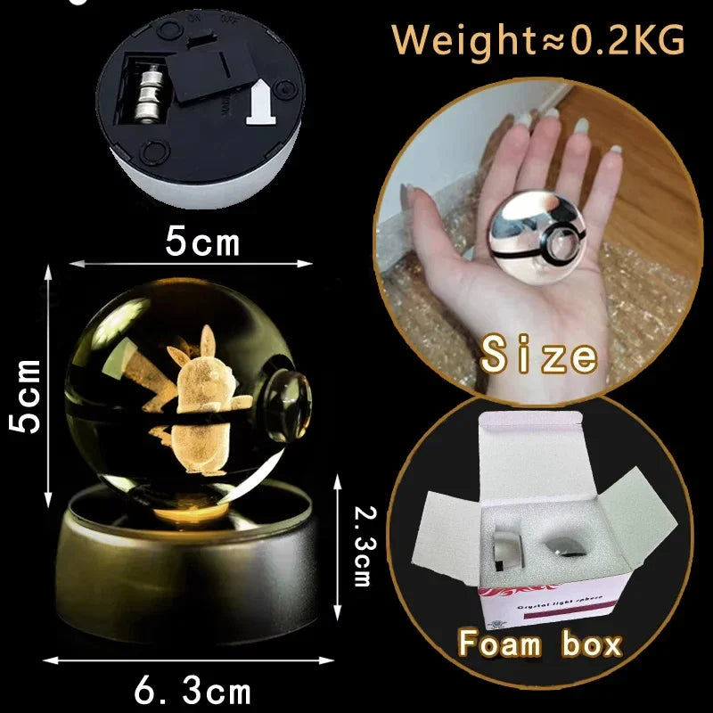 Pokemon 5CM Crystal Ball Toy 3D LED Colorful Night Light Pikachu Charizard Gengar
