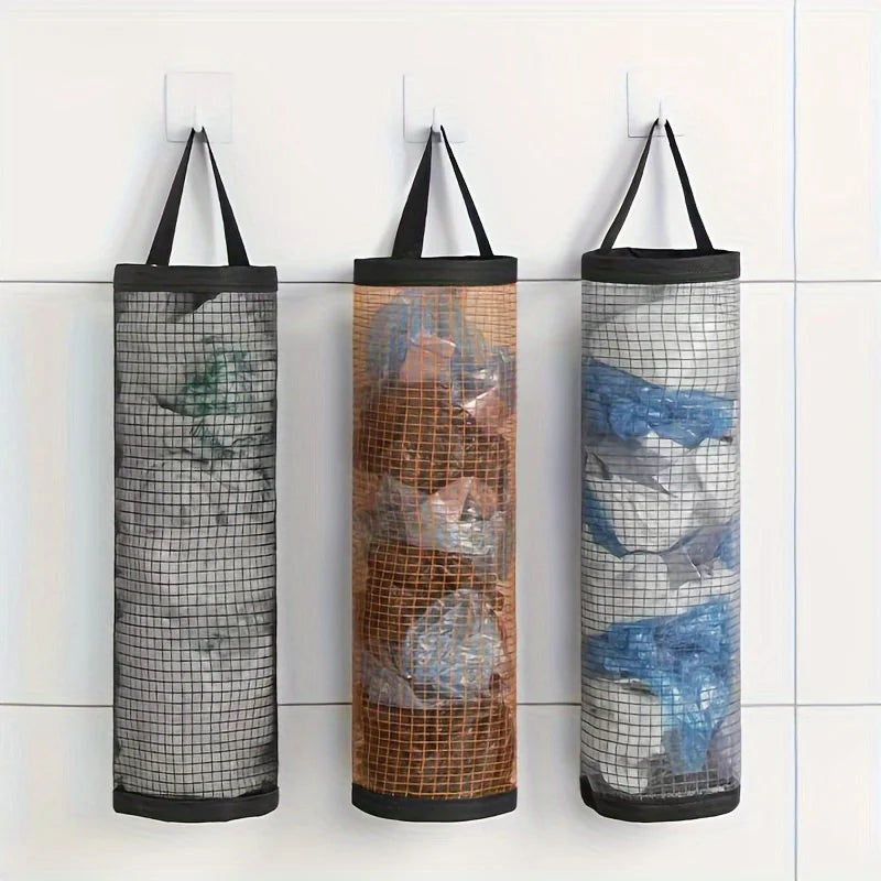 1pc Space-saving Mesh Hanging Plastic Bag Storage Box - Foldable and Breathable Kitchen Grocery Bag