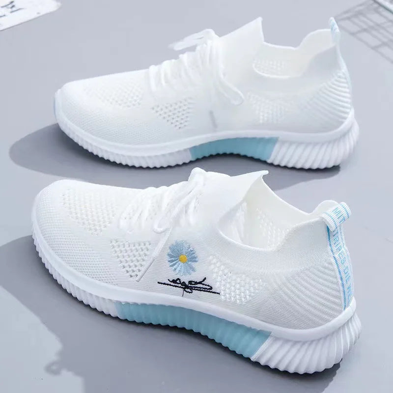 Summer Small White Shoes for Women's Casual Flying Knitted Shoes Comfortable Soft Sole Breathable