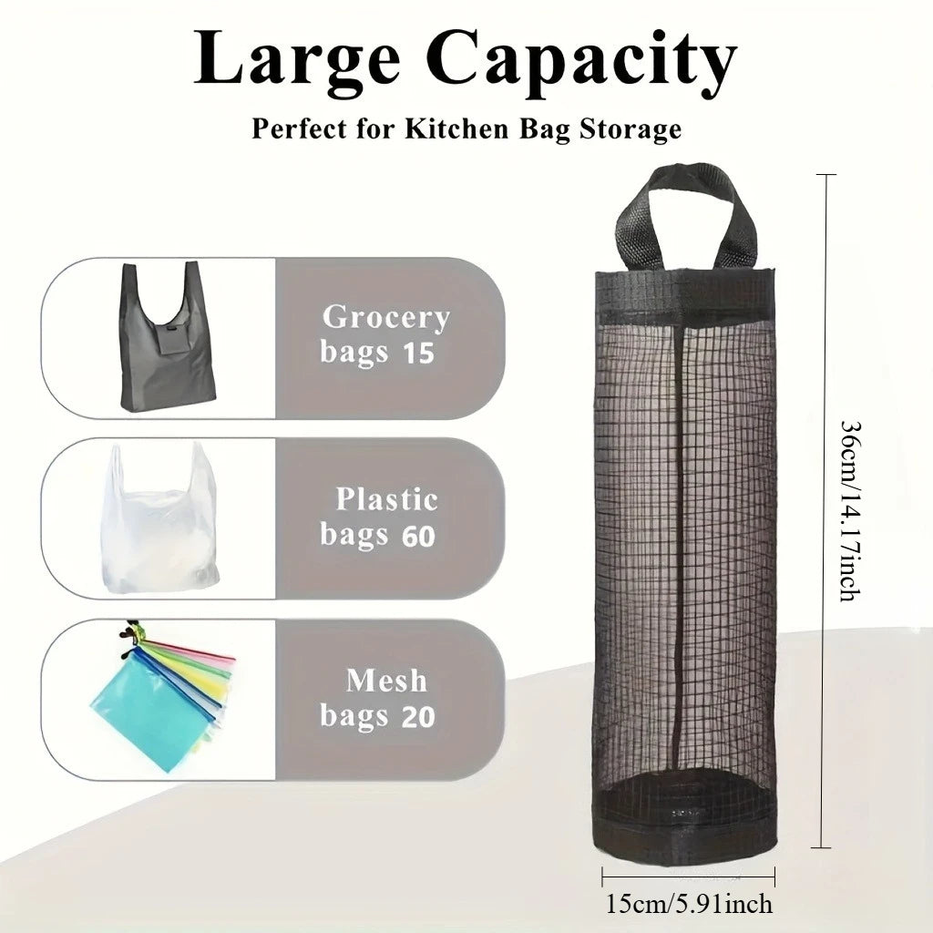1pc Space-saving Mesh Hanging Plastic Bag Storage Box - Foldable and Breathable Kitchen Grocery Bag