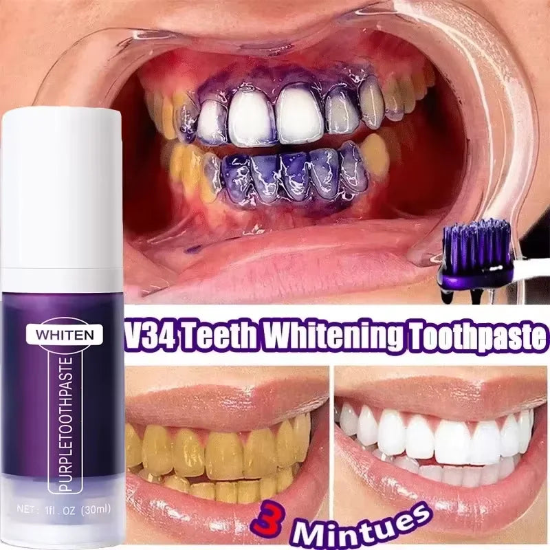 V34 Purple Teeth Whitening Toothpaste Remove Plaque Stains Cleaning Oral Hygiene Dental Bleach