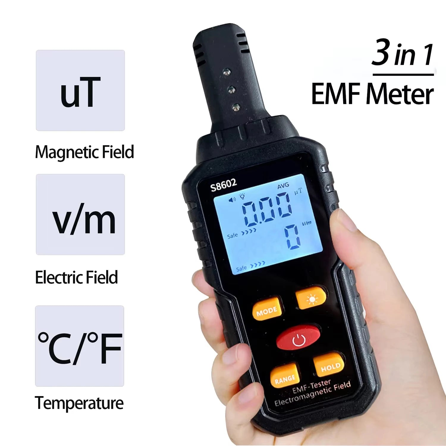 S8602 Digital 3‑in‑1 EMF Tester – Portable Rechargeable Radiation Detector for Electric Magnetic