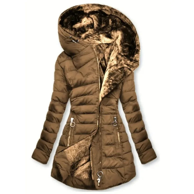 Long Sleeve Coat Solid Women's Winter Jacket with Plush Lining Hooded Outerwear Warm Windproof Down Coat for Cold Weather