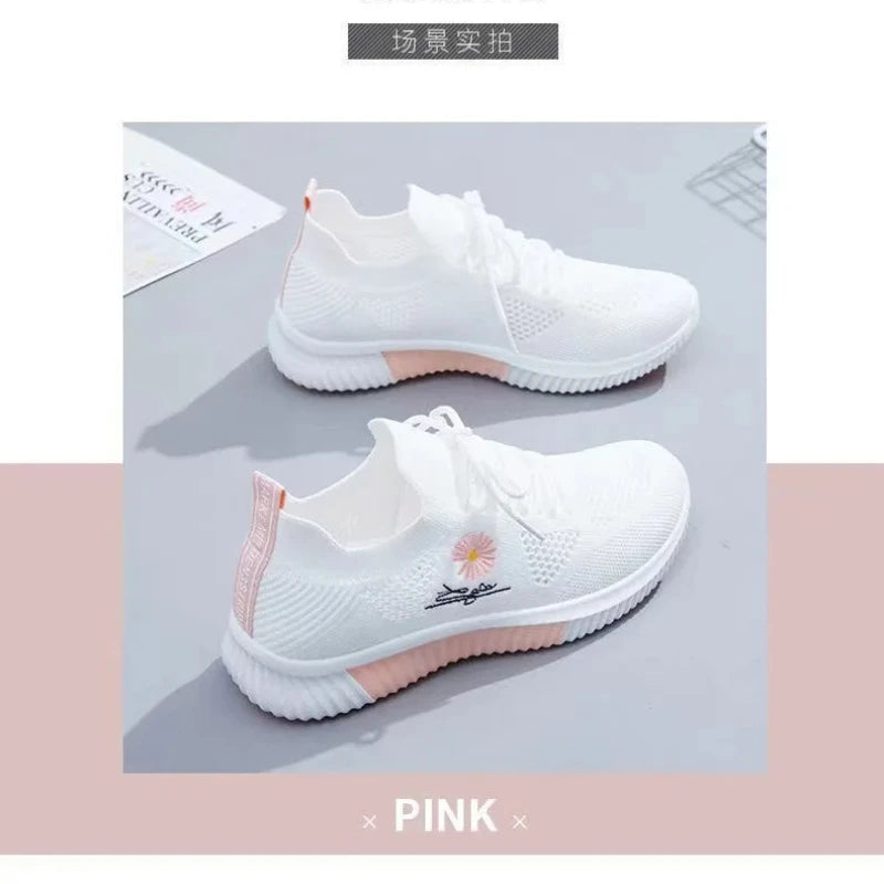 Summer Small White Shoes for Women's Casual Flying Knitted Shoes Comfortable Soft Sole Breathable