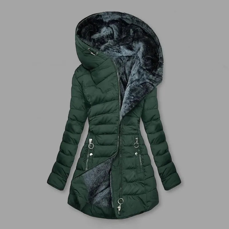 Long Sleeve Coat Solid Women's Winter Jacket with Plush Lining Hooded Outerwear Warm Windproof Down Coat for Cold Weather