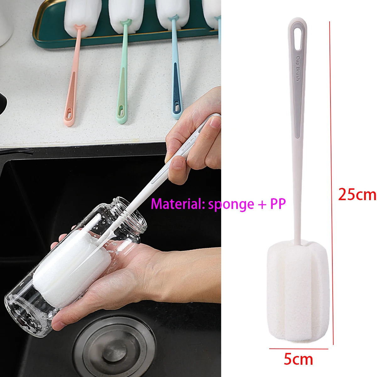 Long Handle Kitchen Cleaning Brush Multi-Purpose for Glass Milk Tea Bottle Cup Scrubber No-Electricity