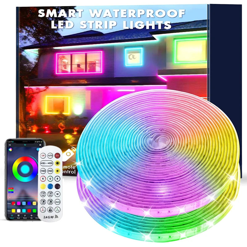 Outdoor Waterproof RGB-IC LED Strip Lights 24V Led Rope Lights Music Sync Color Changing Lights