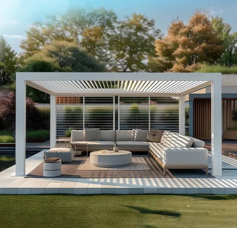 Outdoor electric aluminum louver roof waterproof dimmable LED lighting modern bioclimatic pergola