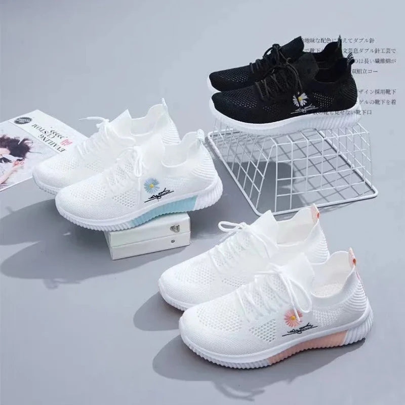 Summer Small White Shoes for Women's Casual Flying Knitted Shoes Comfortable Soft Sole Breathable
