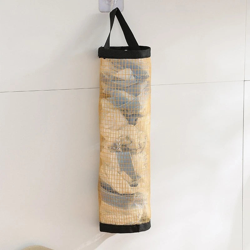 1pc Space-saving Mesh Hanging Plastic Bag Storage Box - Foldable and Breathable Kitchen Grocery Bag
