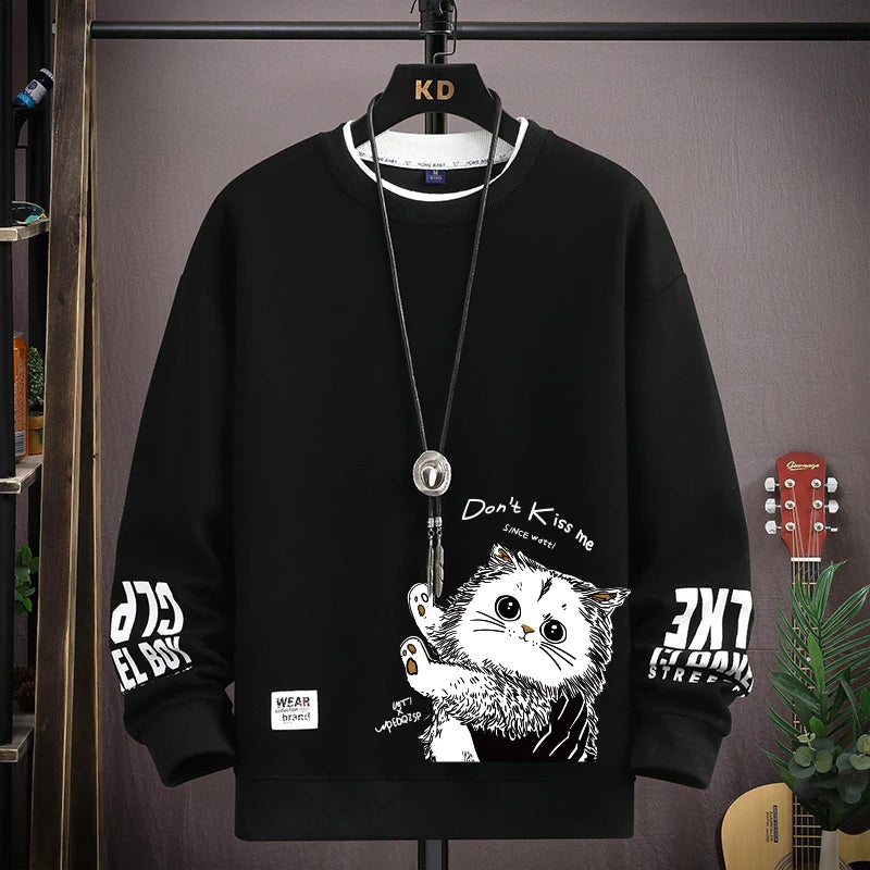 Harajuku Tops Streetwear Don't Kiss Me Cat Graphic Long Sleeve T Shirt for Men Women's Oversized T-shirts S-5XL Mens Clothing