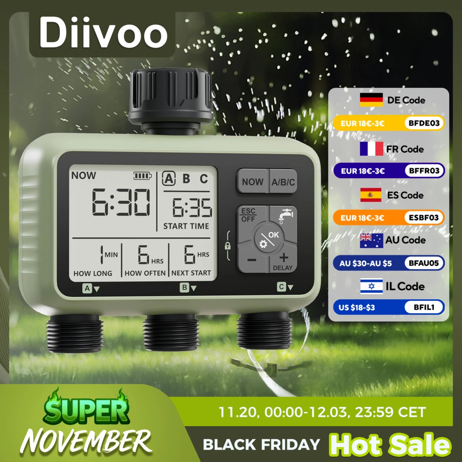 Diivoo Garden Water Timer 3 Zone Programmable Automatic Irrigation Timer with Rain Delay
