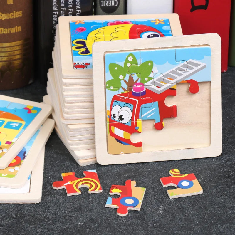 11cm/4.33in Kids Wooden Jigsaw Puzzle Games Cartoon Animal Vehicle Pattern Children Montessori Educational Toys