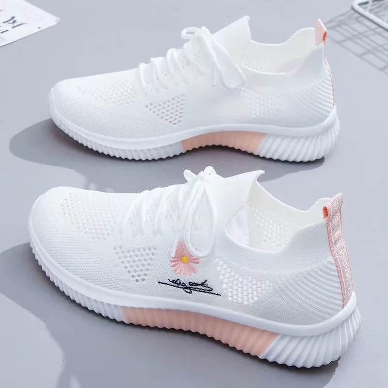 Summer Small White Shoes for Women's Casual Flying Knitted Shoes Comfortable Soft Sole Breathable