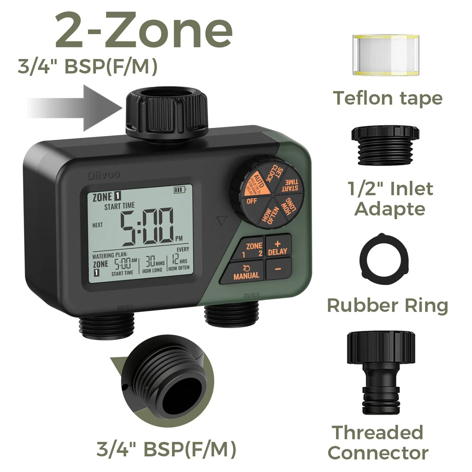 Diivoo Garden Water Timer 3 Zone Programmable Automatic Irrigation Timer with Rain Delay