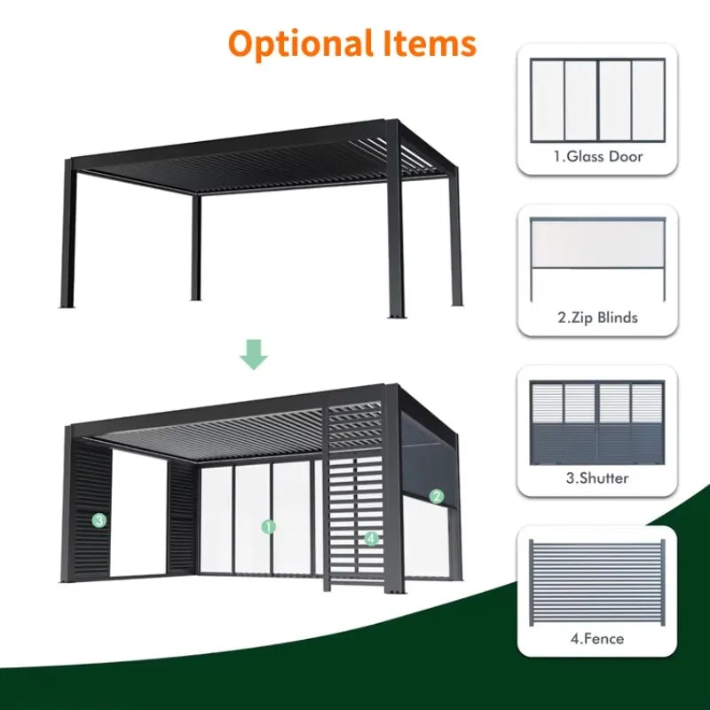 Outdoor electric aluminum louver roof waterproof dimmable LED lighting modern bioclimatic pergola