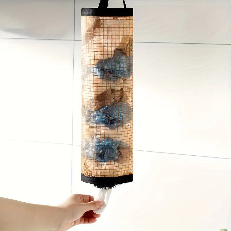 1pc Space-saving Mesh Hanging Plastic Bag Storage Box - Foldable and Breathable Kitchen Grocery Bag