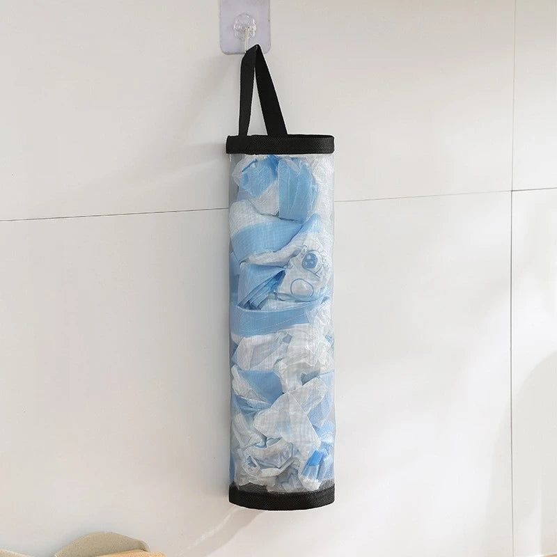 1pc Space-saving Mesh Hanging Plastic Bag Storage Box - Foldable and Breathable Kitchen Grocery Bag