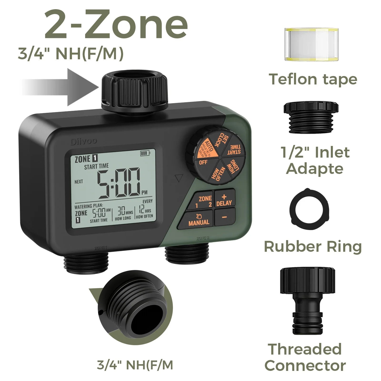 Diivoo Garden Water Timer 3 Zone Programmable Automatic Irrigation Timer with Rain Delay
